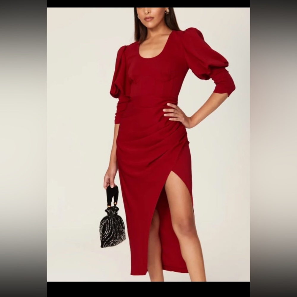 Self-Portrait Red Ruched Midi Dress size 6